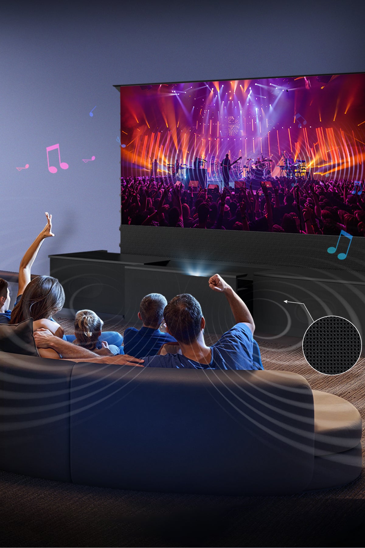 Smart black Laser TV cabinet with acoustically optimized speaker panels and spacious dual storage – maintains pristine audio clarity while organizing entertainment systems effortlessly.