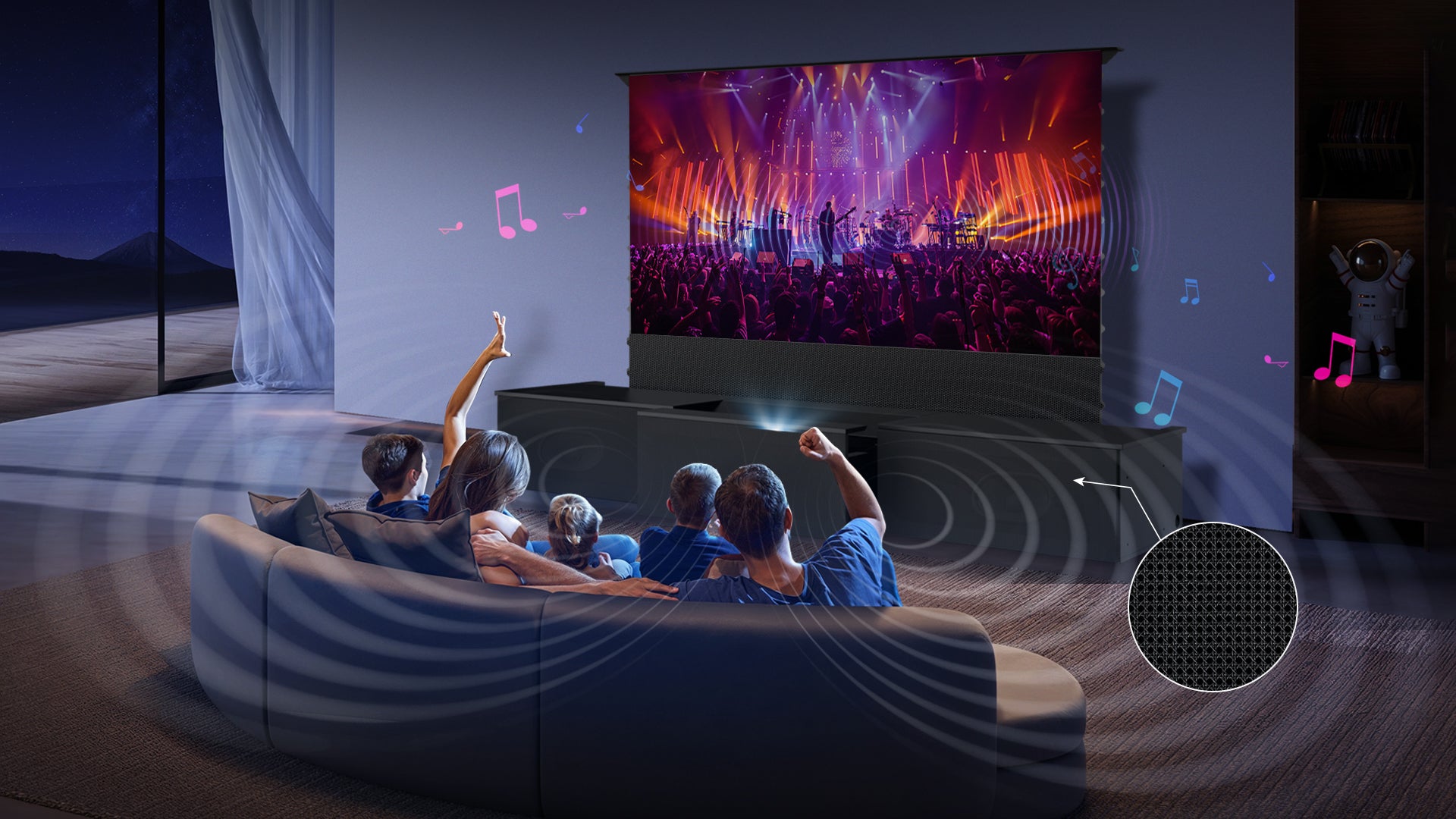 Smart black Laser TV cabinet with acoustically optimized speaker panels and spacious dual storage – maintains pristine audio clarity while organizing entertainment systems effortlessly.