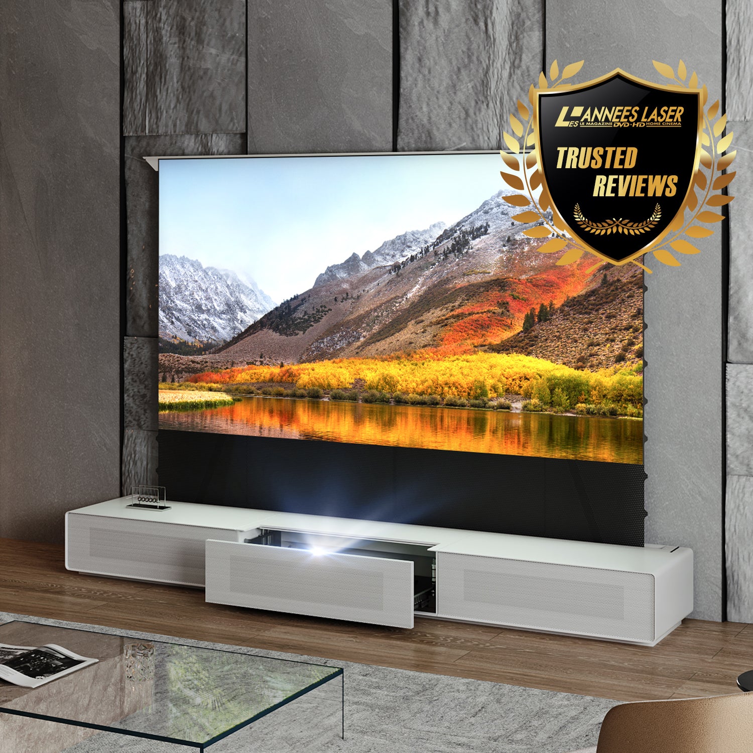 Shore Matte Laser TV Cabinet: Motorized UST TV Stands | Black/White
