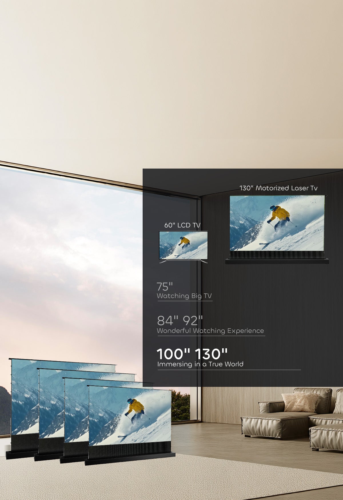 NP Black Series Floor Rising Screens (84-130”) deliver crystal-clear visuals for home theaters and professional spaces