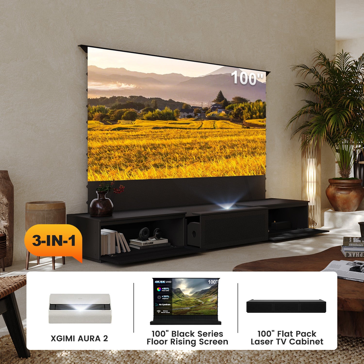 100 Inch 3-in-1 Home Theater Bundle: XGIMI AURA 2+ Black Series Floor Rising Screen + Flat Pack Laser TV Cabinet