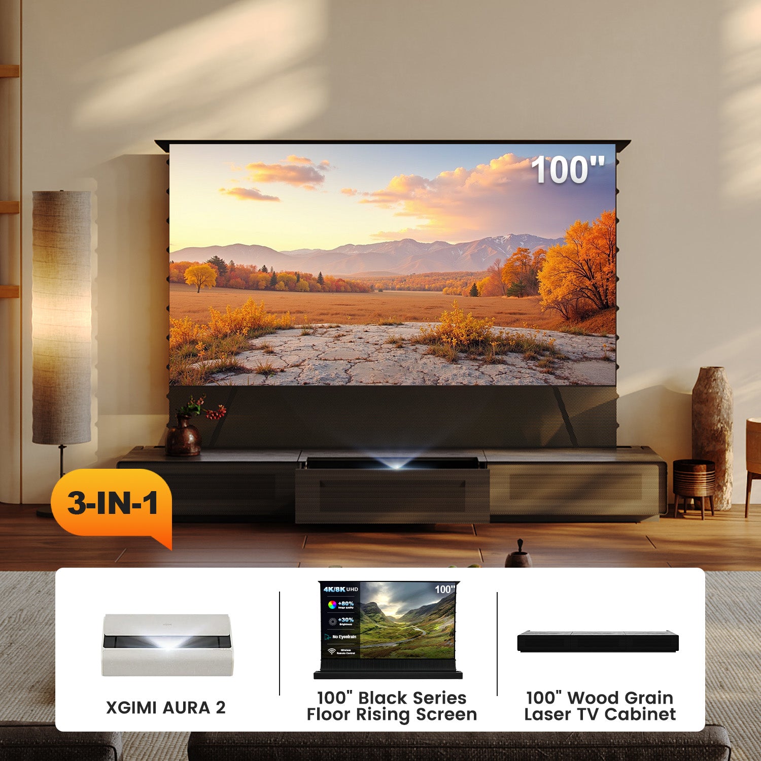 100 Inch 3-in-1 Home Theater Bundle: XGIMI AURA 2+ Black Series Floor Rising Screen +Wood Grain Laser TV Cabinet