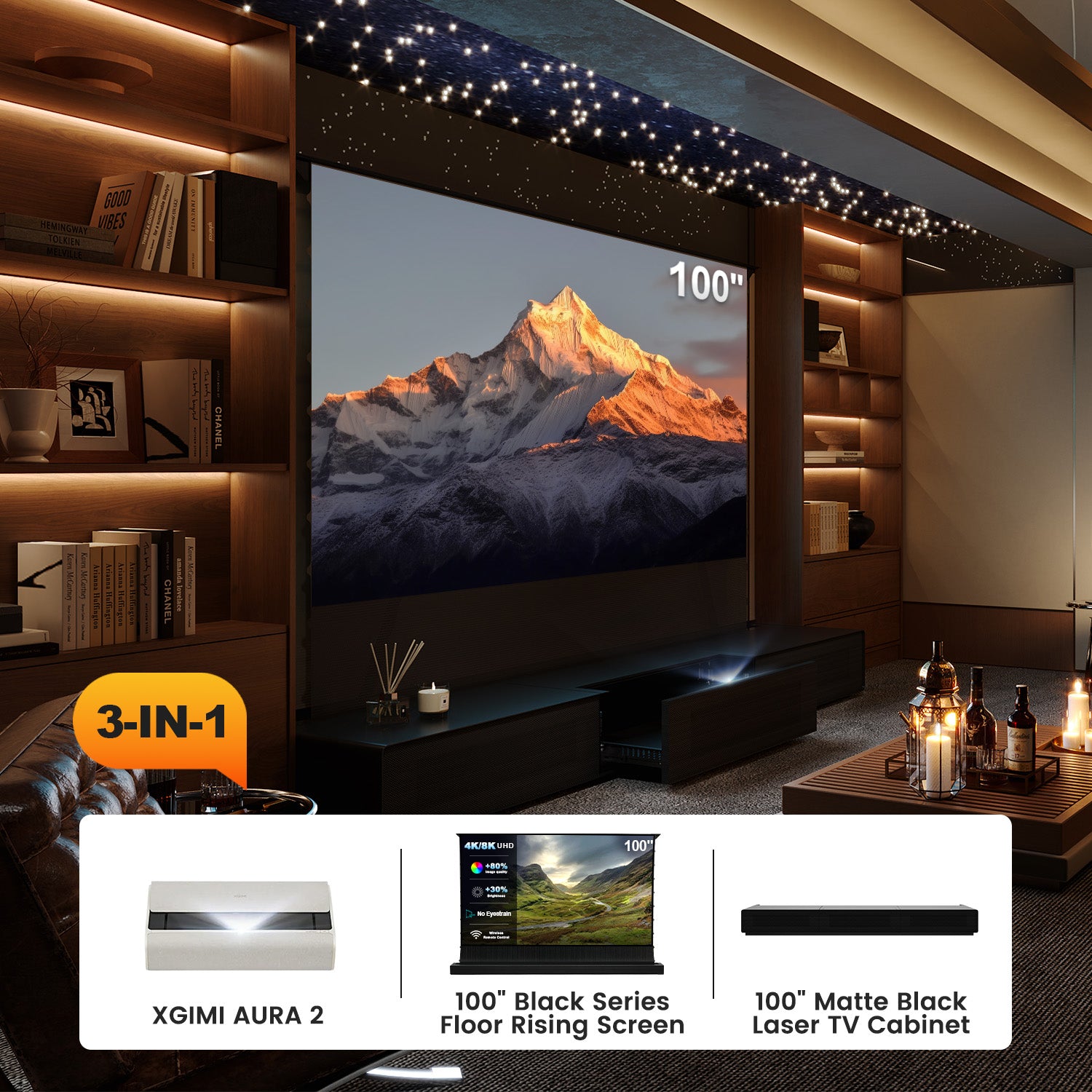 100 Inch 3-in-1 Home Theater Bundle: XGIMI AURA 2+ Black Series Floor Rising Screen +Matte Black Laser TV Cabinet