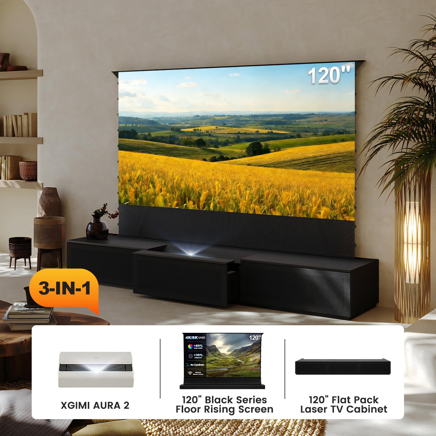 (Bundle) XGIMI AURA 2 4K UST Laser Projector + Black Series Motorized ALR Screen + Laser TV Cabinet