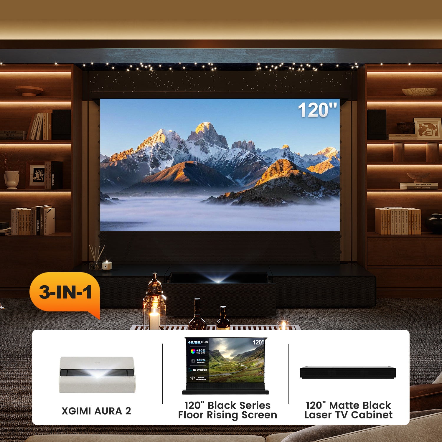 120 Inch 3-in-1 Home Theater Bundle: XGIMI AURA 2+ Black Series Floor Rising Screen +Matte Black Laser TV Cabinet