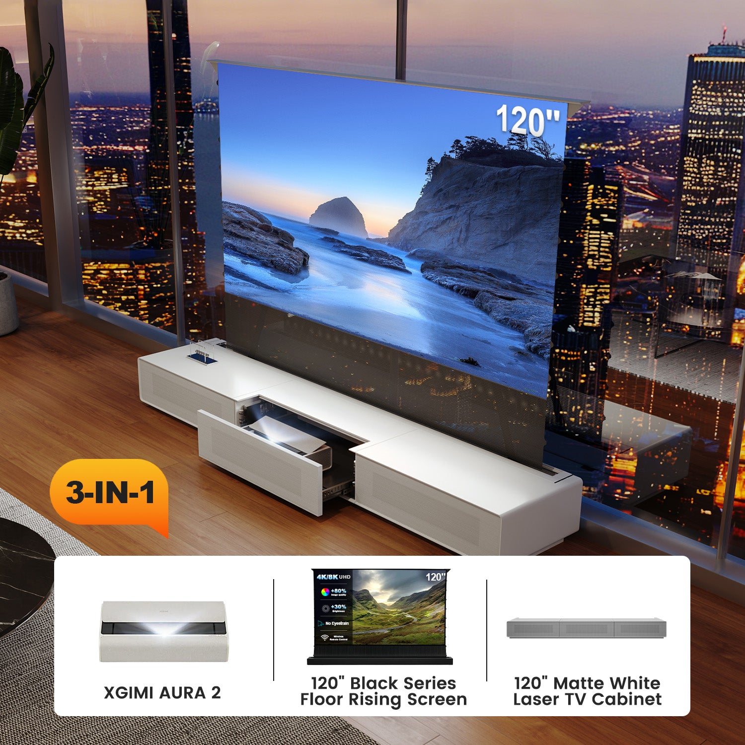 (Bundle) XGIMI AURA 2 4K UST Laser Projector + Black Series Motorized ALR Screen + Laser TV Cabinet