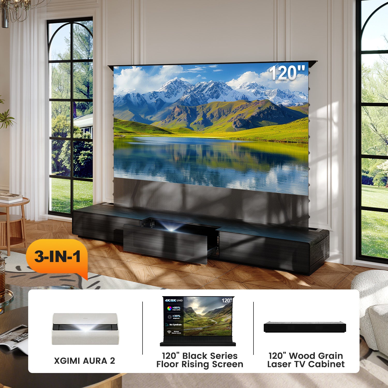 (Bundle) XGIMI AURA 2 4K UST Laser Projector + Black Series Motorized ALR Screen + Laser TV Cabinet