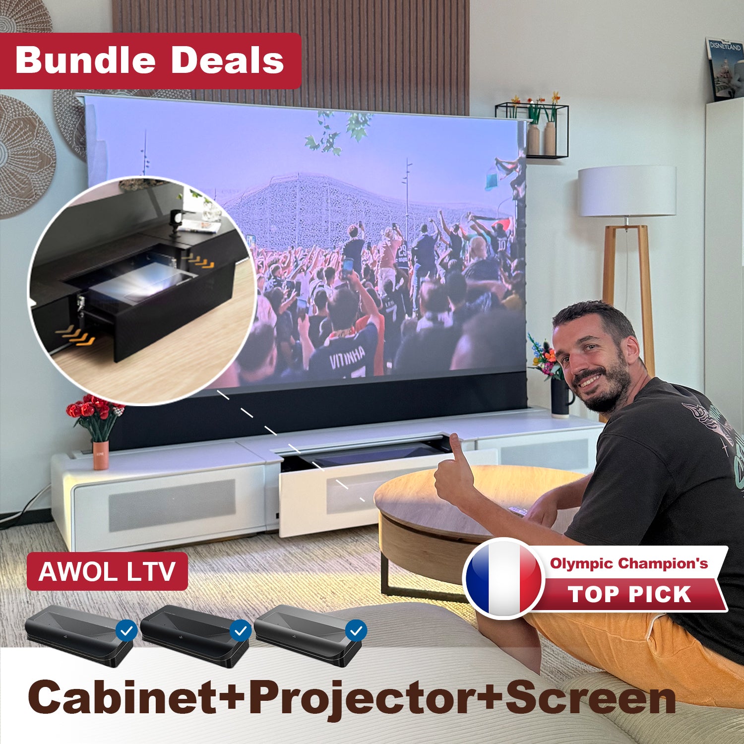 Olympic champion Benjamin Toniutti's premium home cinema: The AWOL 3500 LTV laser projector on its dedicated Laser TV Cabinet, projecting onto a large Motorized ALR Screen for the ultimate viewing experience.