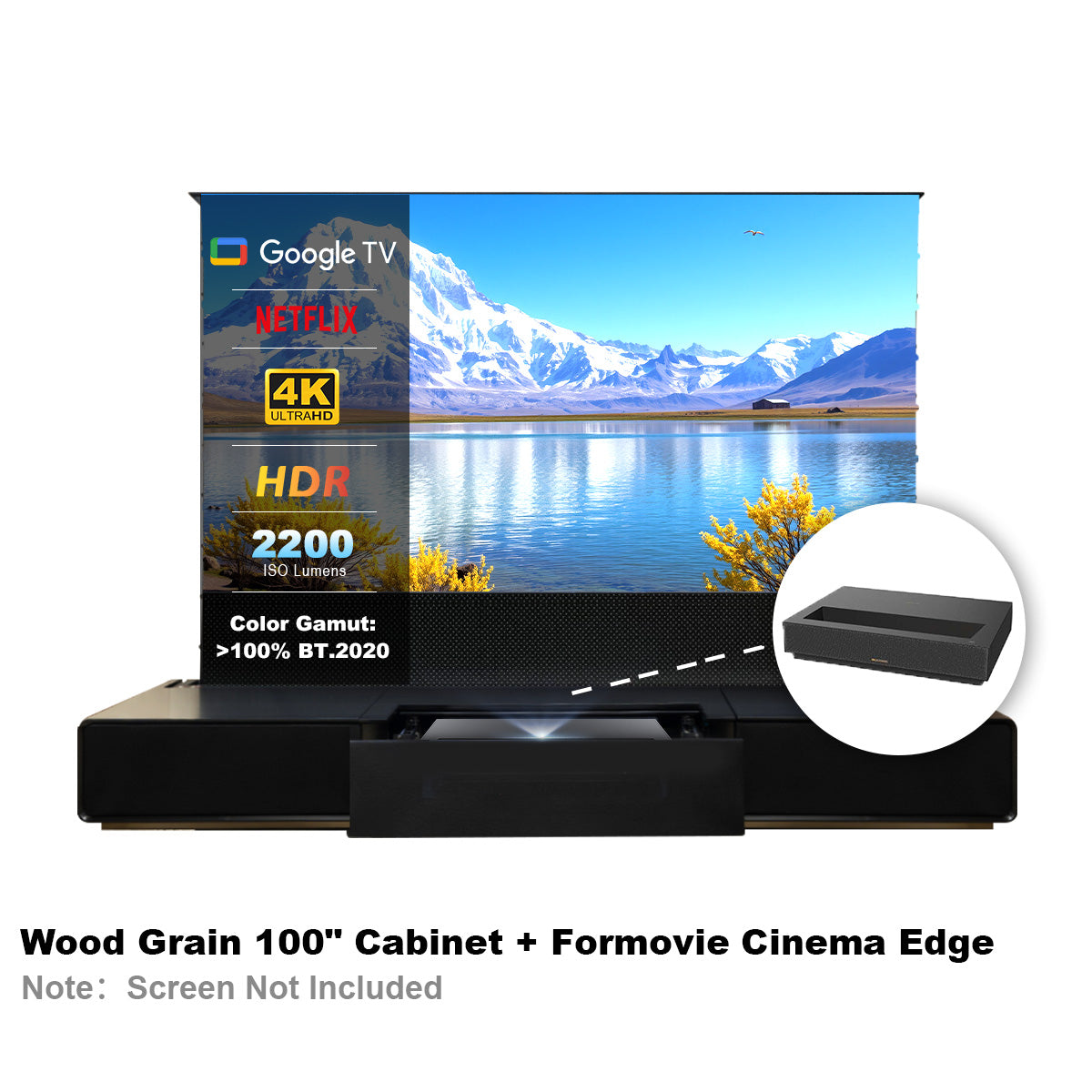 100" Wood Grain Laser TV Cabinet Shore + Formovie Theater Premium Projector 4K HDR >100% BT.2020 Home Theater Bundle