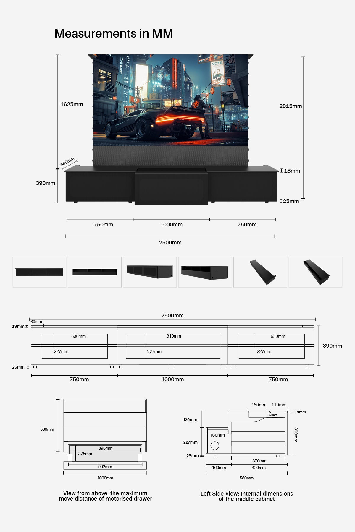 Shore Motorized Laser TV Cabinet: detailed dimension specs in inches.