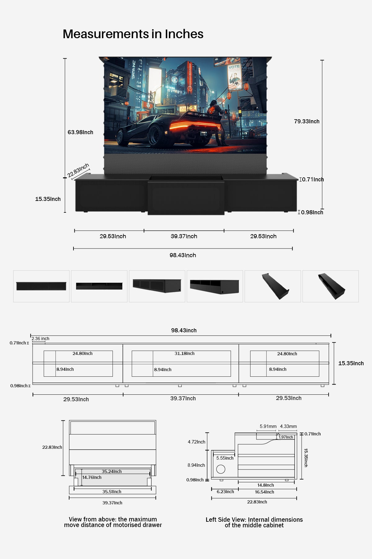 Shore Motorized Laser TV Cabinet: detailed dimension specs in inches.