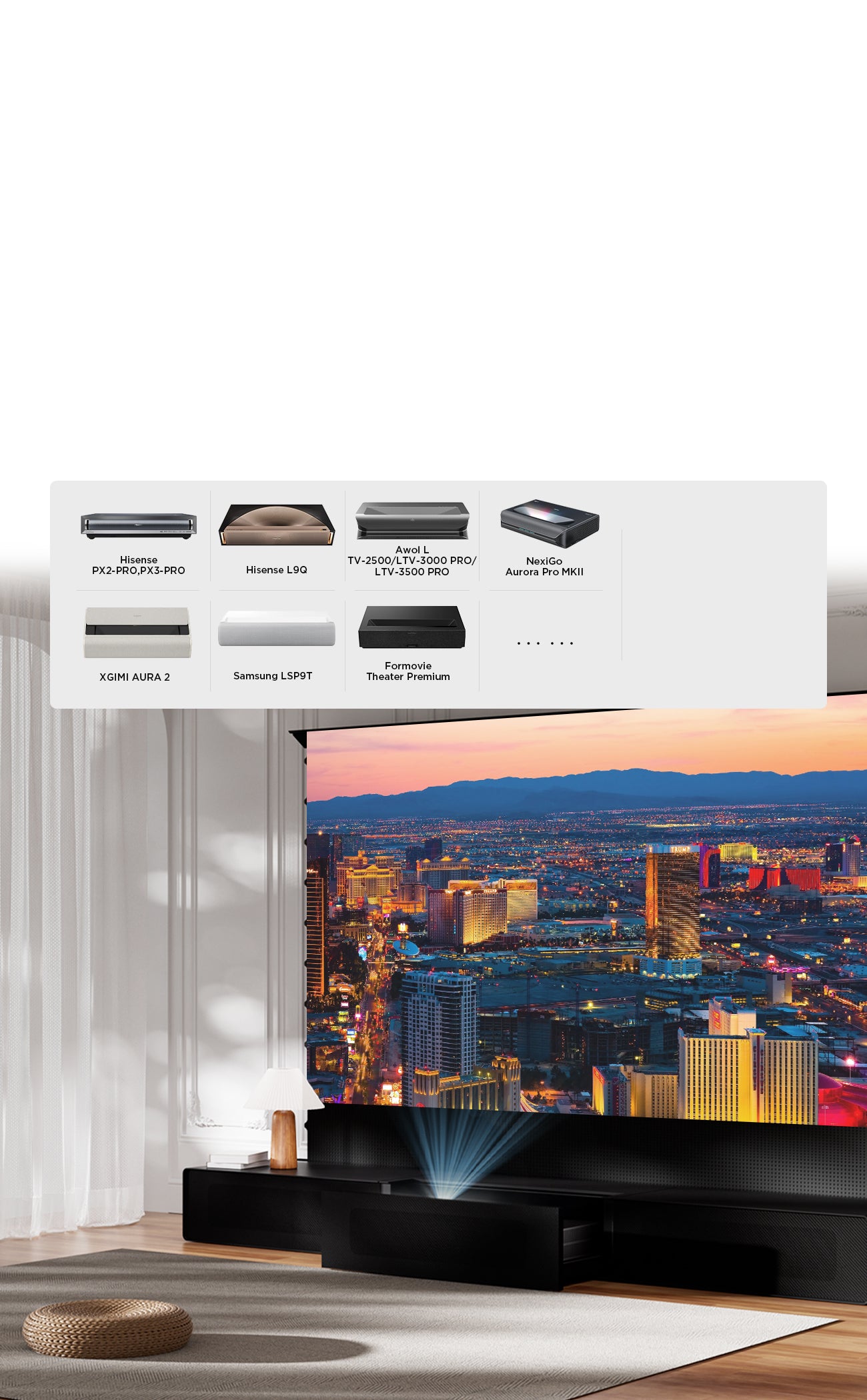 The Shore Laser TV Cabinet offers extensive compatibility with major brands like Hisense, Samsung, and XGIMI