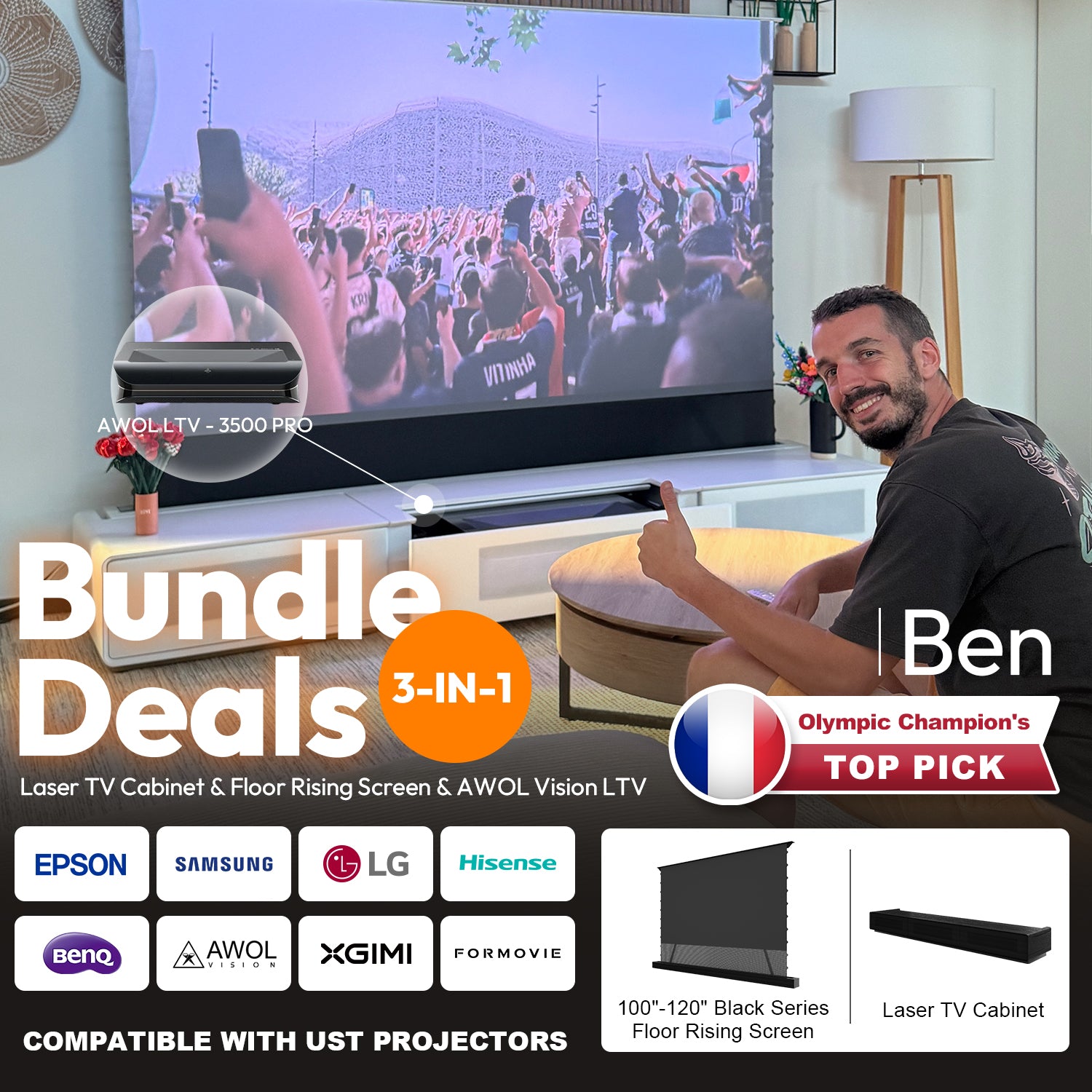 NothingProjector 3-in-1 Bundle Deal Featuring AWOL Vision LTV-3500 Pro Projector and Laser TV Cabinet Endorsed by Olympic Champion Ben