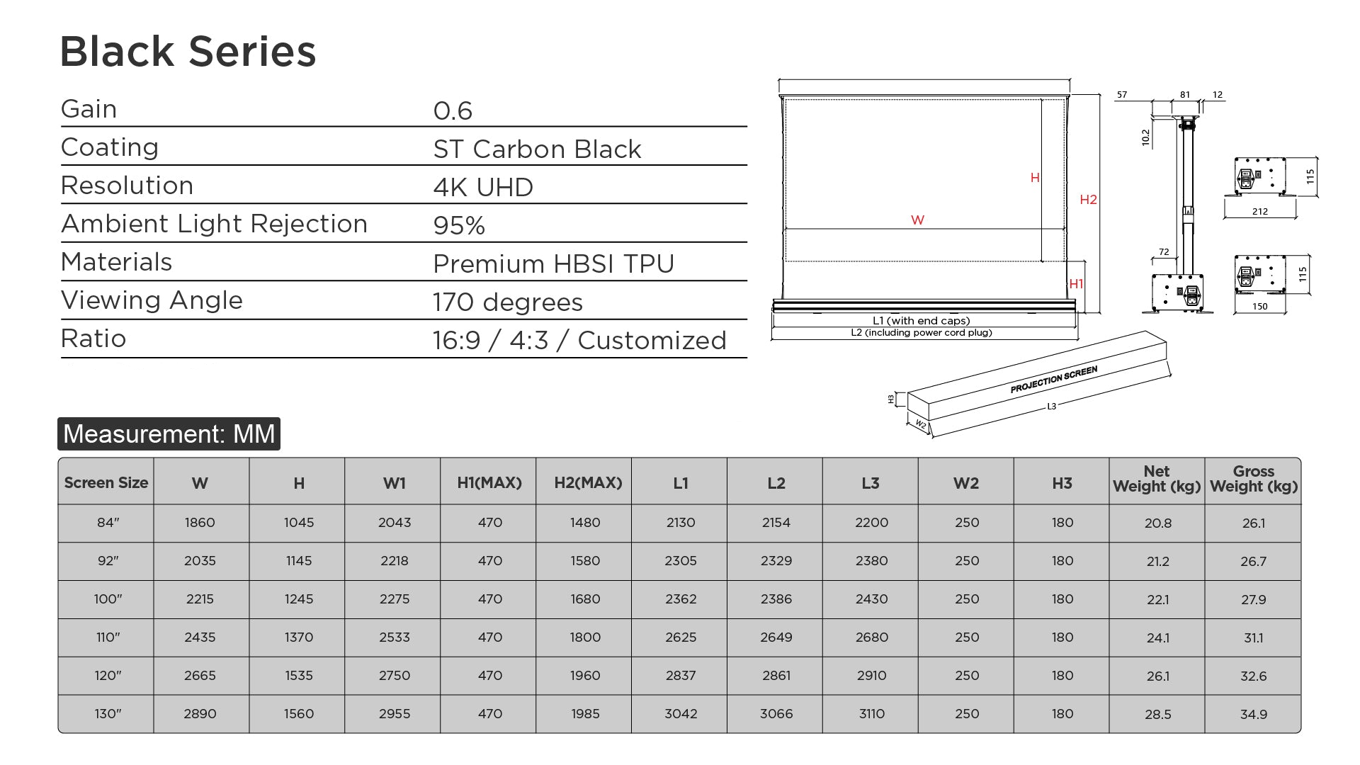84''-130'' Nothing Projector Black Series Motorisé Motorisé Du Sol Écran Pour un Long Lancer Vidéoprojecteurs