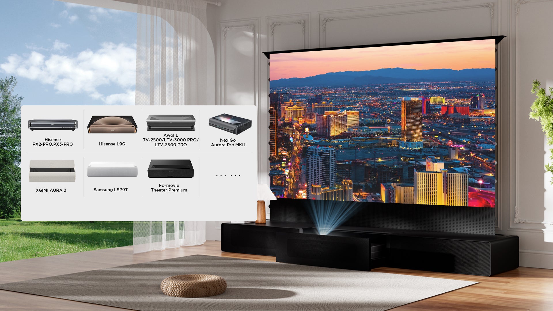 The Shore Laser TV Cabinet offers extensive compatibility with major brands like Hisense, Samsung, and XGIMI