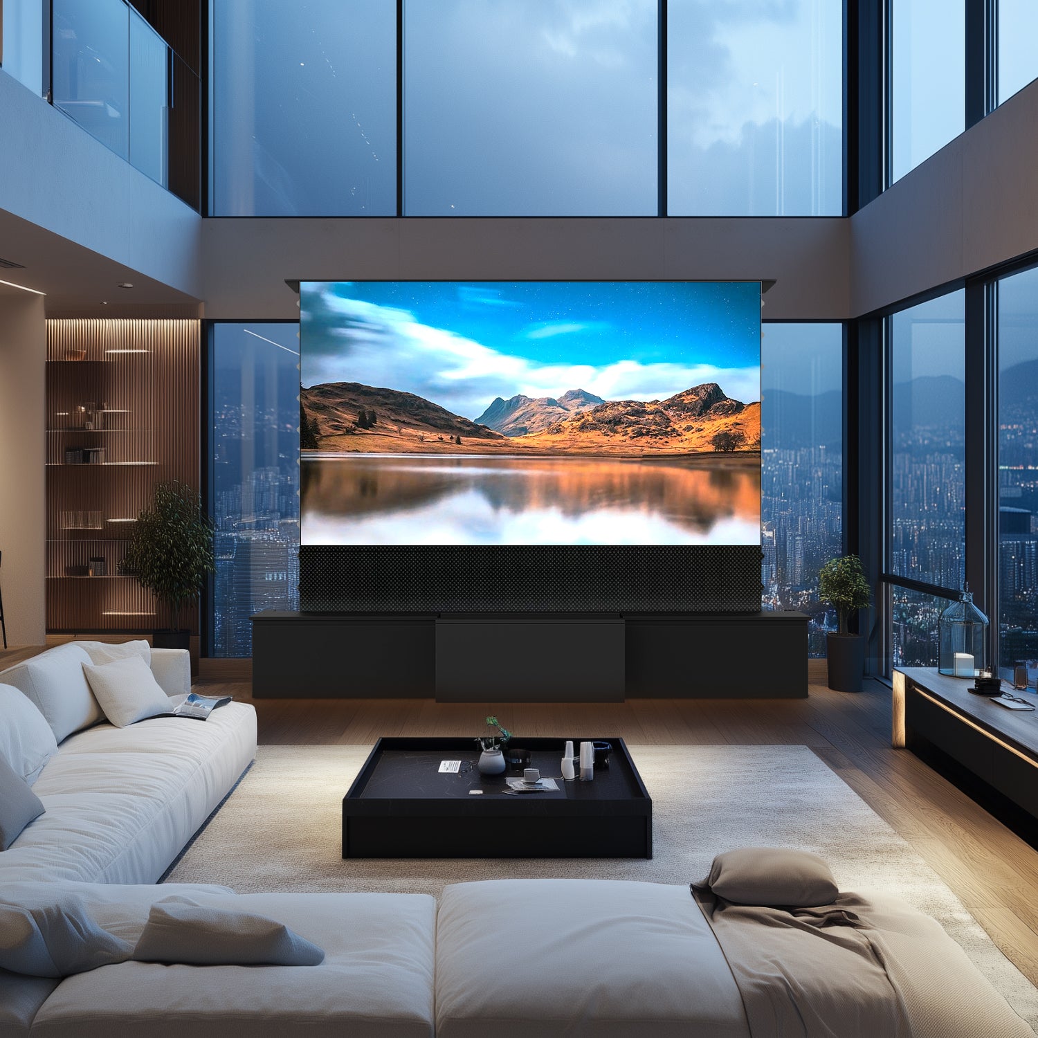 100-120" inch modern black motorized laser TV flat pack cabinet for UST projectors