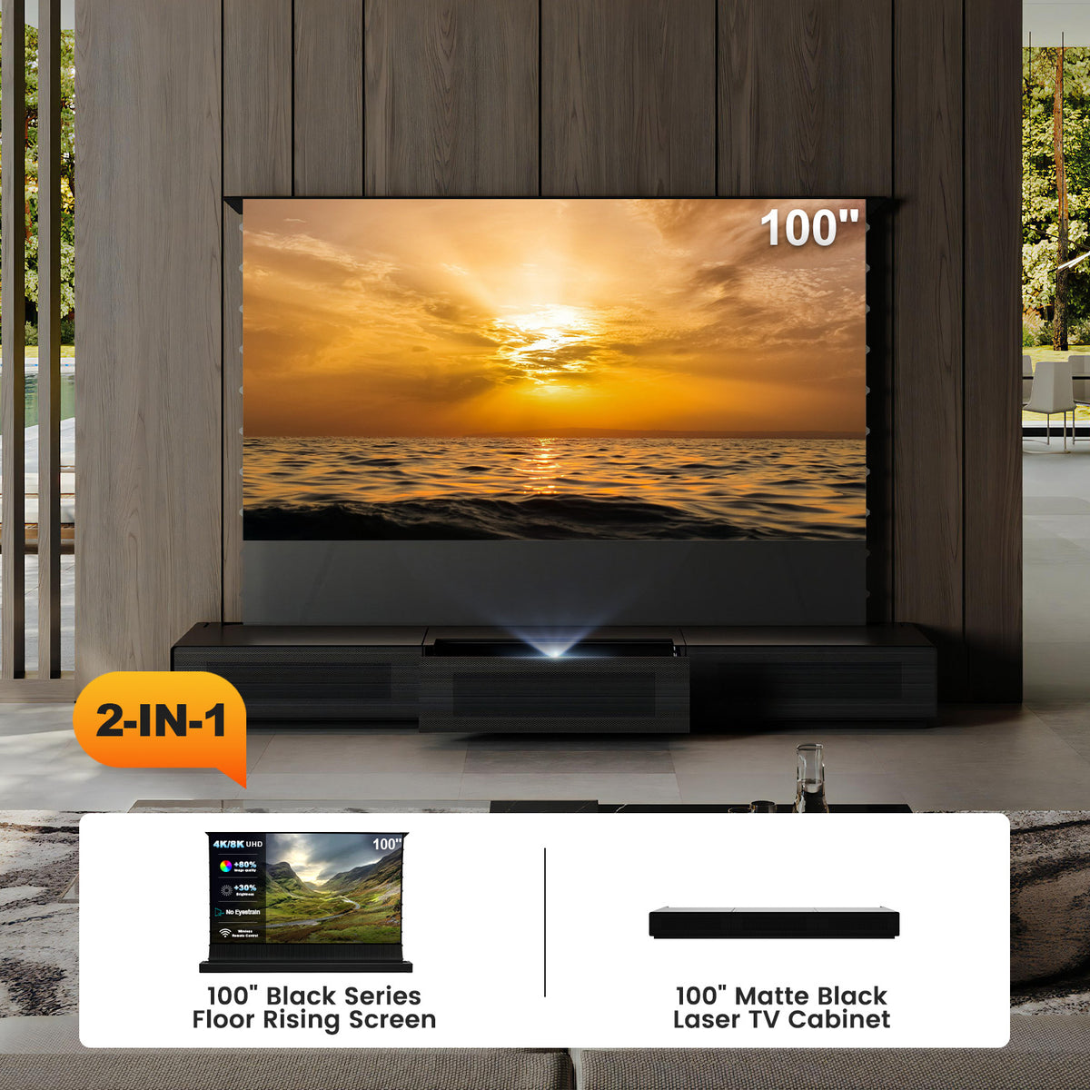 Shore UST Projector Matte Cabinet + Black Series Motorized Floor Rising Screen Bundle (Pre-Assembled)