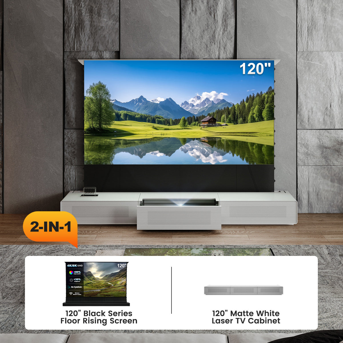 Shore UST Projector Matte Cabinet + Black Series Motorized Floor Rising Screen Bundle (Pre-Assembled)