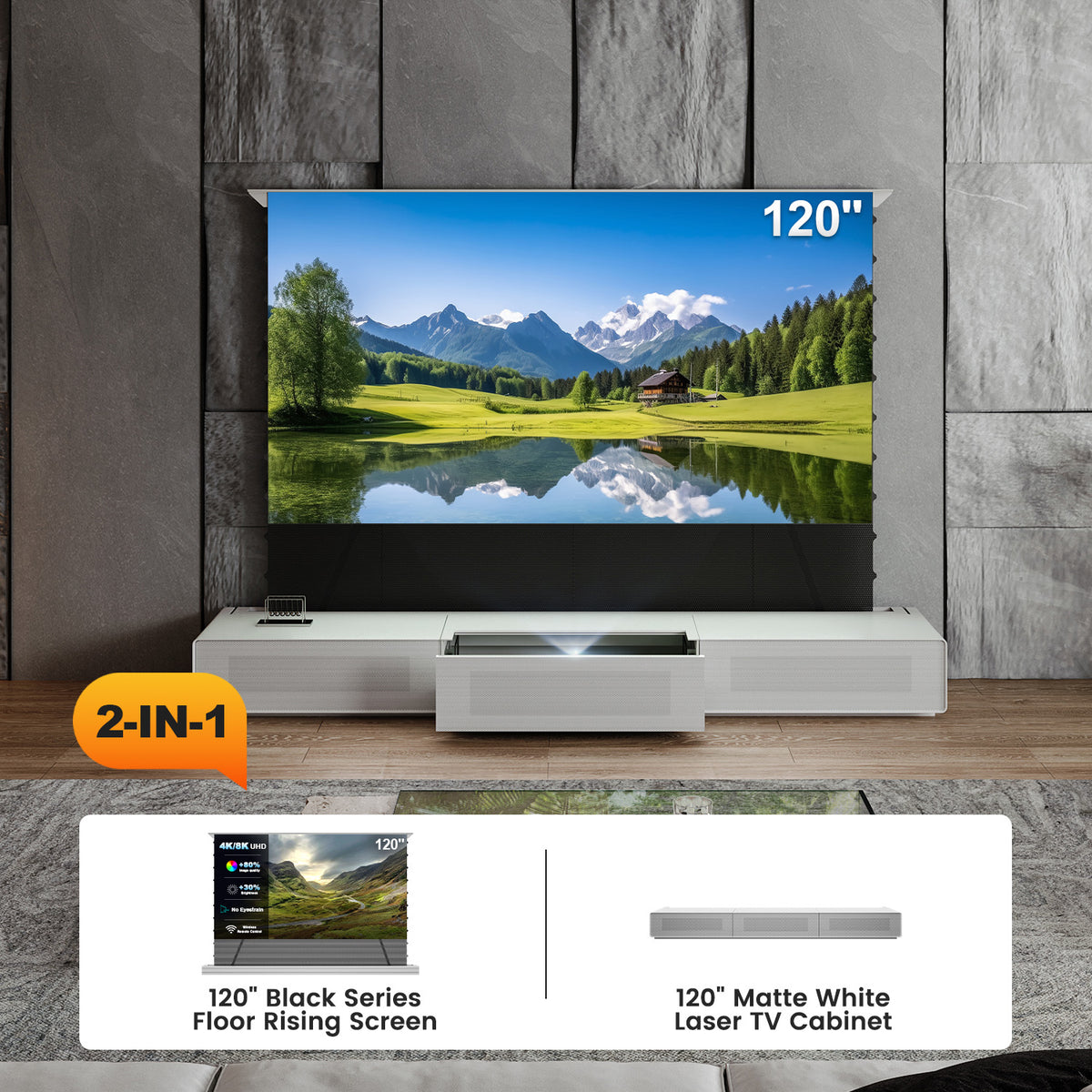 Shore UST Projector Matte Cabinet + Black Series Motorized Floor Rising Screen Bundle (Pre-Assembled)