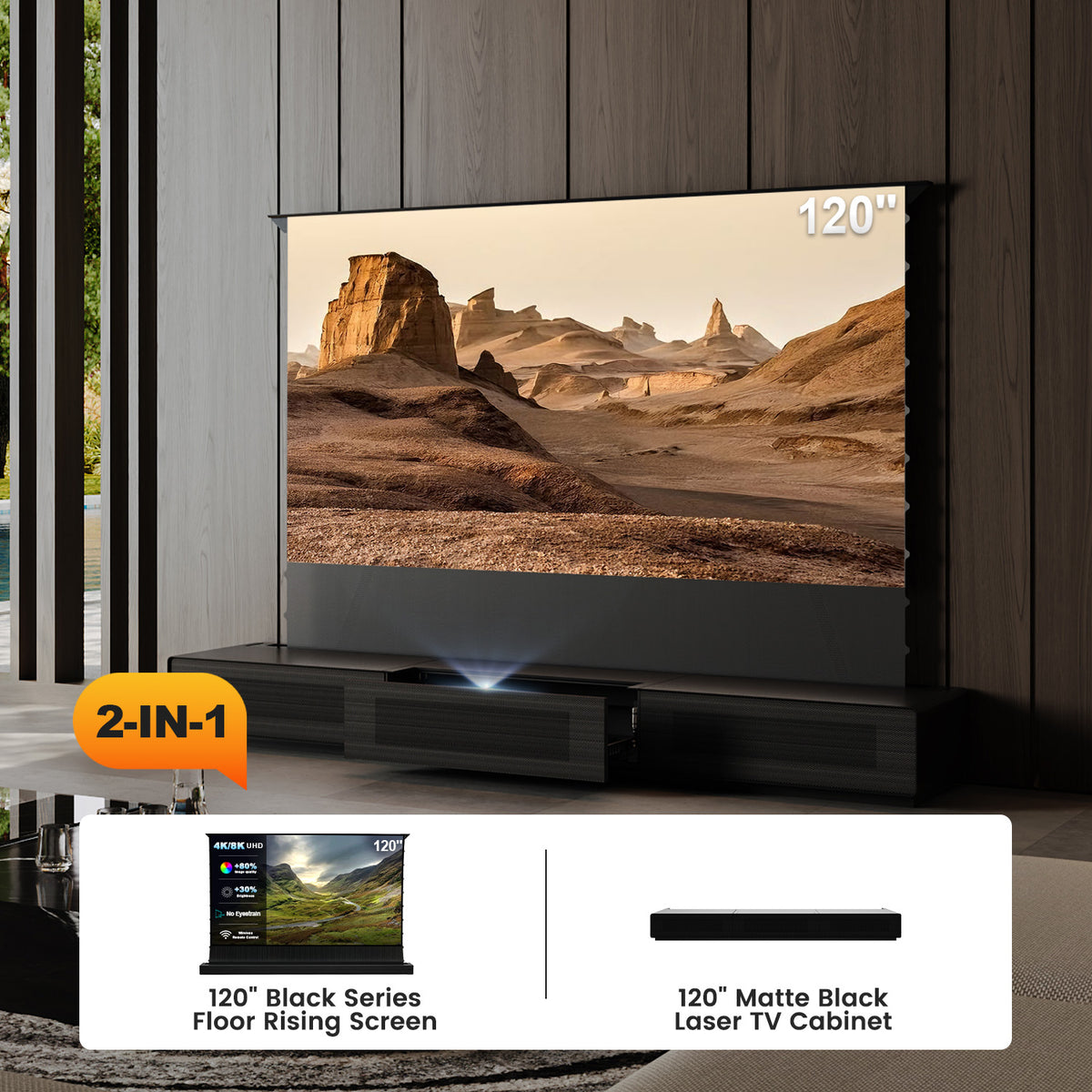 Shore UST Projector Matte Cabinet + Black Series Motorized Floor Rising Screen Bundle (Pre-Assembled)