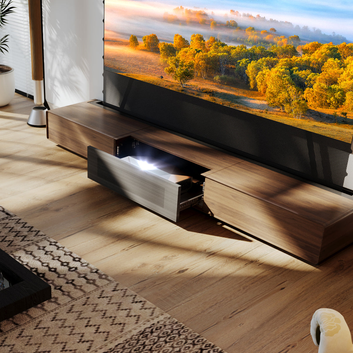 Shore Walnut Matte Motorized UST Laser TV Cabinet (Pre-assembled)