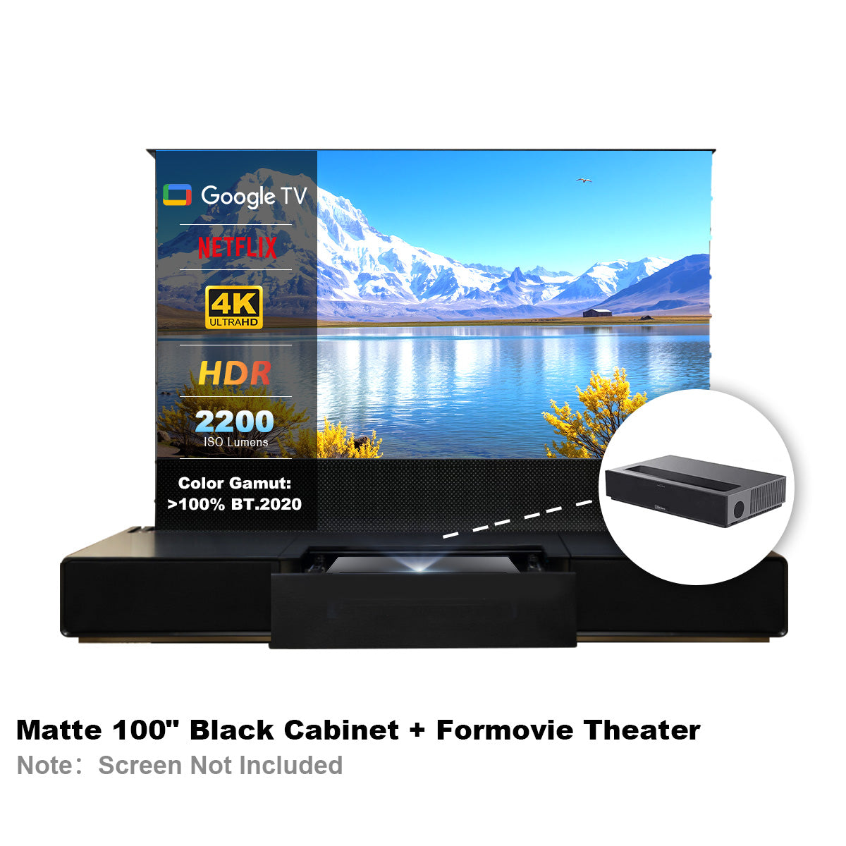 100" Matte Black Laser TV Cabinet Shore + Formovie Theater Projector 4K HDR >100% BT.2020 Home Theater Bundle