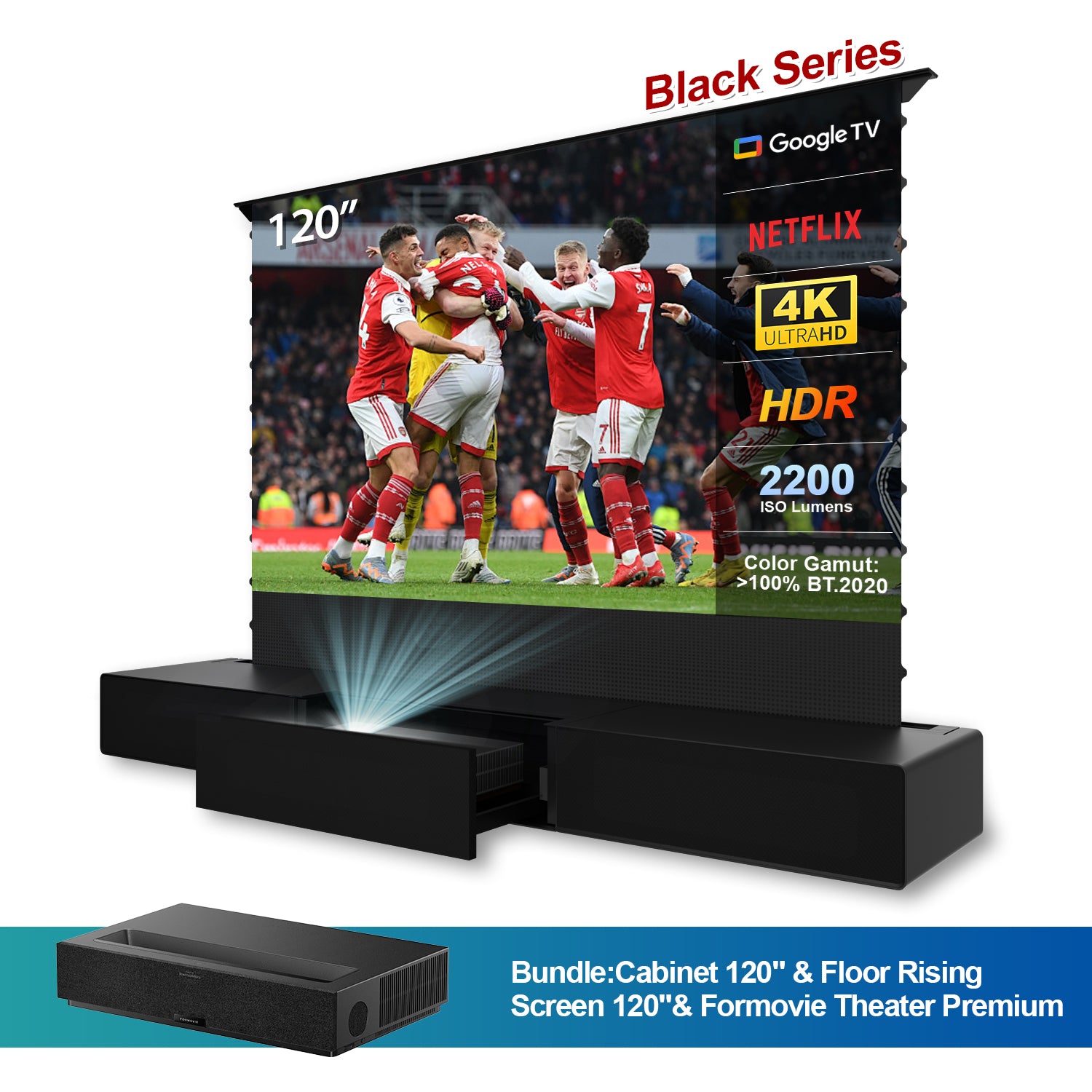 100-120" Shore Black Motorized Laser TV Flat Pack Cabinet