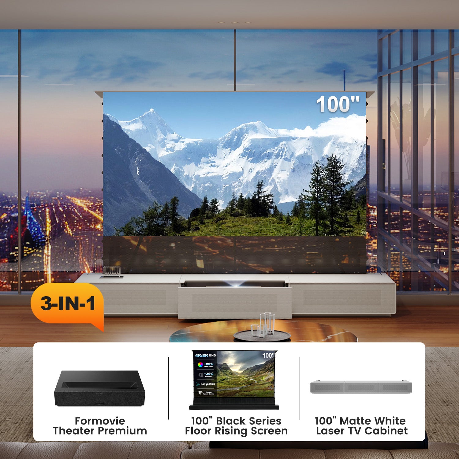 NothingProjector 3-in-1 Laser TV Bundle Deal including Floor Rising Screen Cabinet and UST Projectors Compatible with Hisense AWOL and Formovie