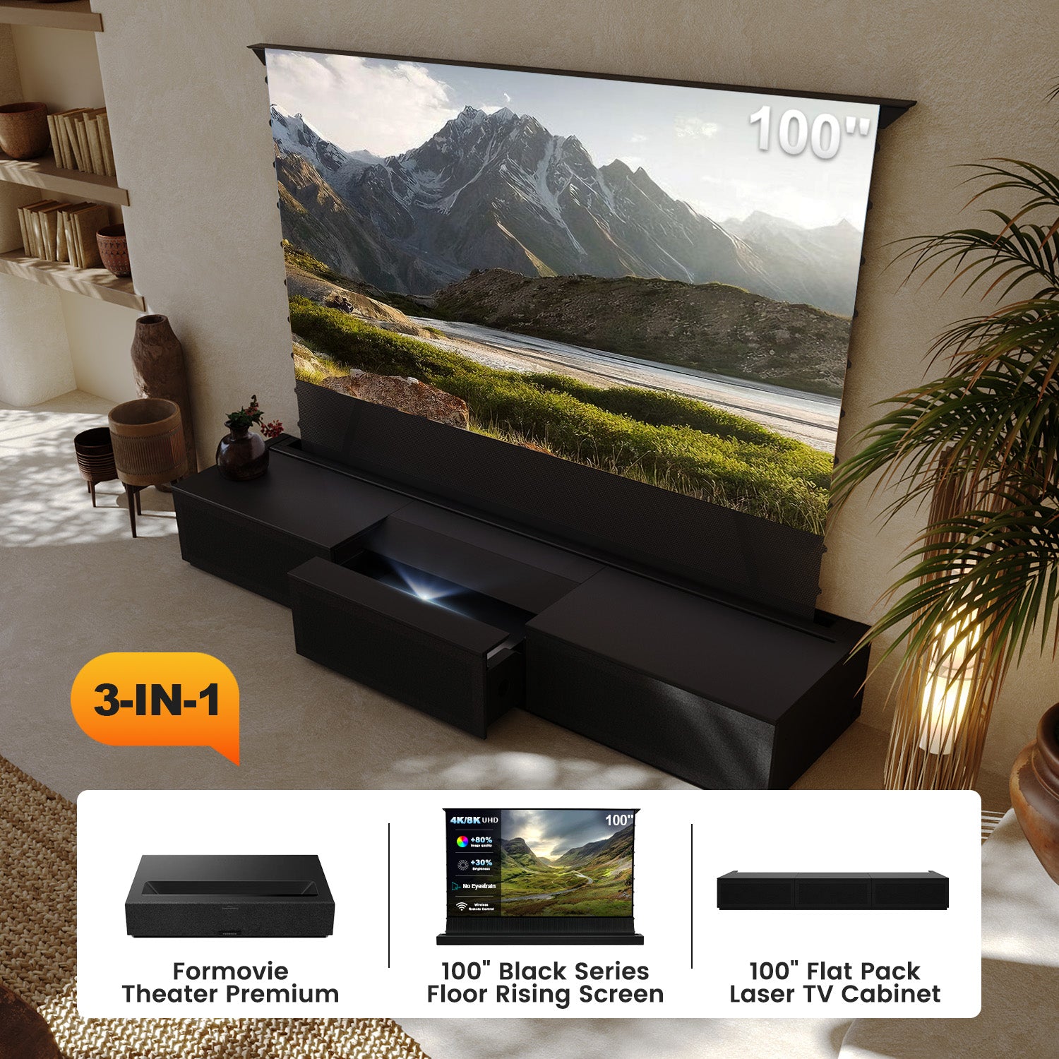 100 Inch 3-in-1 Home Theater Bundle: Formovie Theater Premium +Black Series Floor Rising Screen+ Flat Pack Laser TV Cabinet