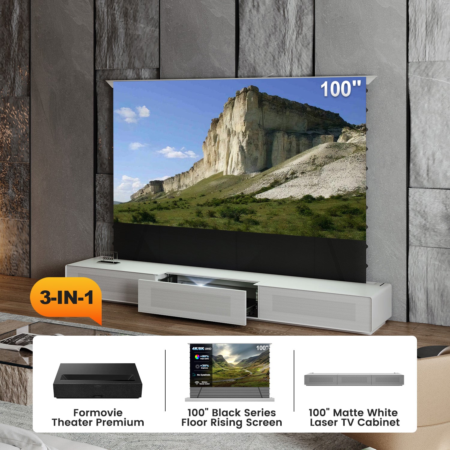 Shore UST Projector Matte Cabinet + Black Series Motorized Floor Rising Screen Bundle (Pre-Assembled)
