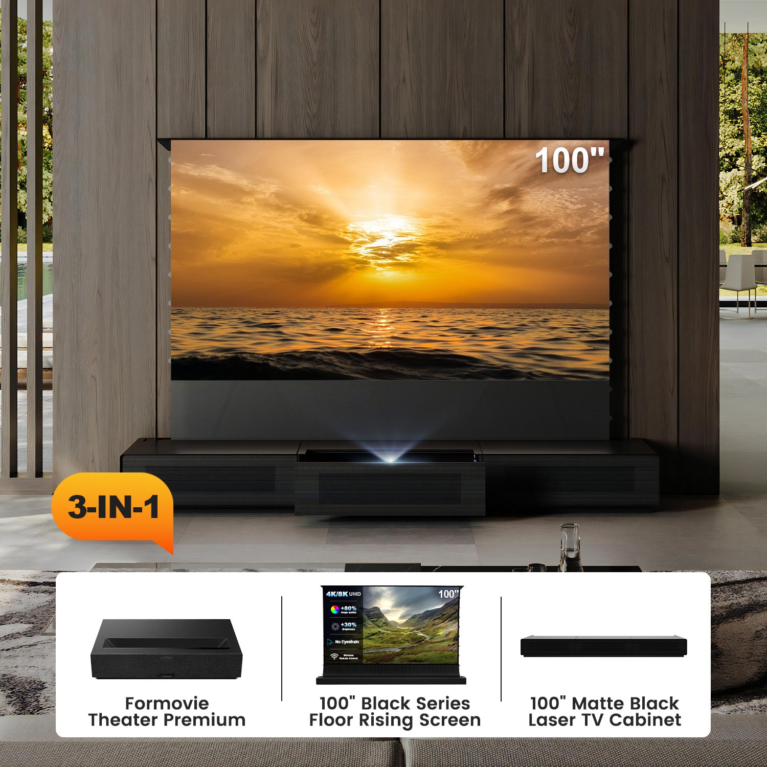 Outdoor setup with a large screen displaying a sunset over water, featuring a 3-IN-1 product set including a projector, screen, and TV cabinet.