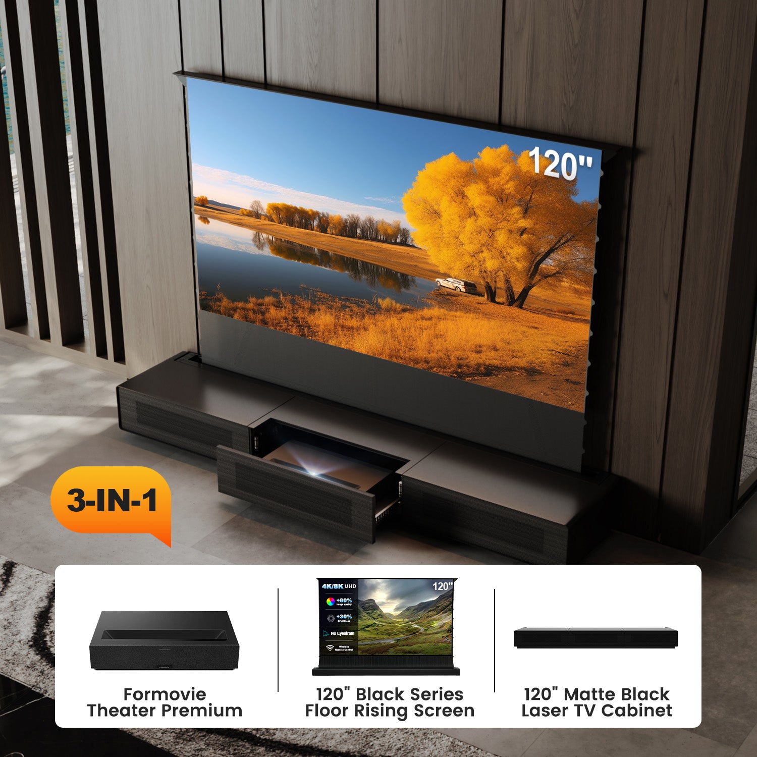 Shore UST Projector Matte Cabinet + Black Series Motorized Floor Rising Screen Bundle (Pre-Assembled)