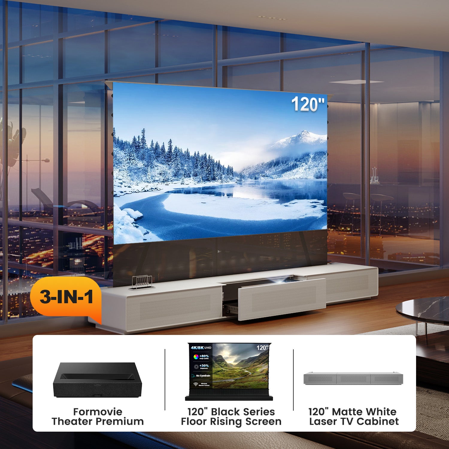 NothingProjector 3-in-1 Laser TV Bundle Deal including Floor Rising Screen Cabinet and UST Projectors Compatible with Hisense AWOL and Formovie