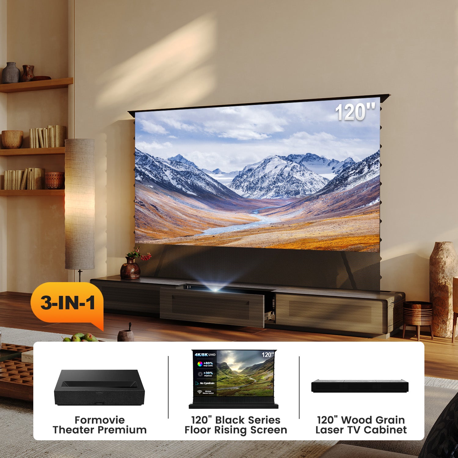 Living room setup with a 120-inch Black Series floor rising screen, Formovie Theater Premium, and 120-inch Wood Grain Laser TV Cabinet.