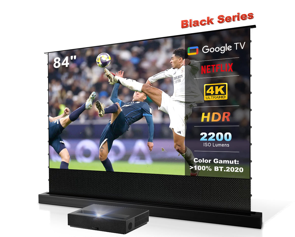 Formovie Theater Premium UST 4K Triple Color Laser TV with an 84“ motorized ALR screen.