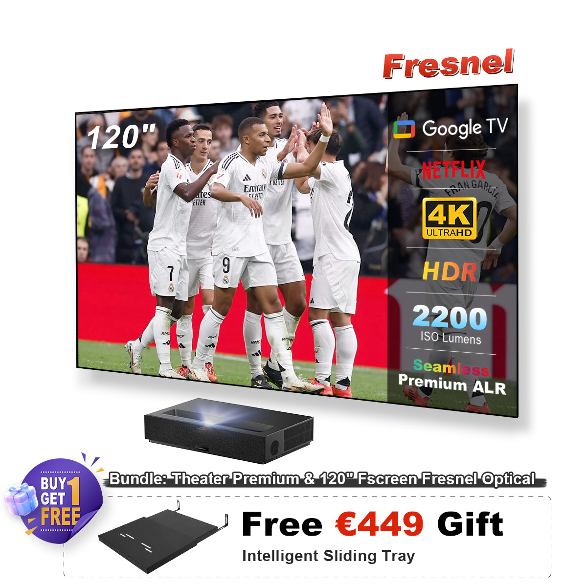 Formovie Theater Premium UST 4K Triple Color Laser TV with a black series 120“ ALR screen with a free €449 gift.