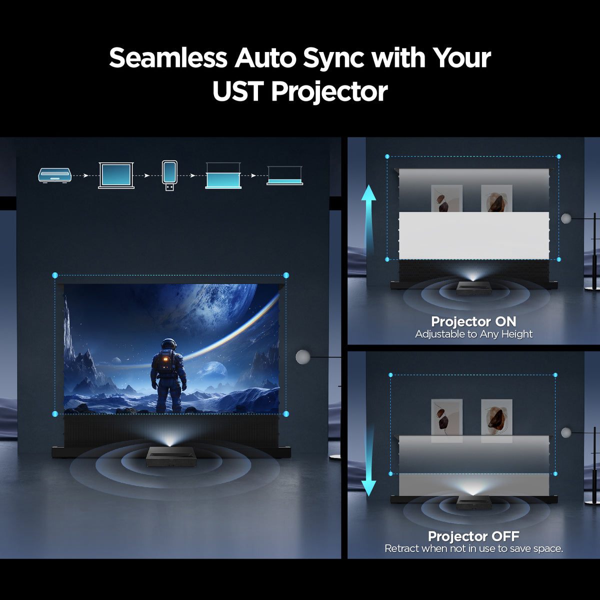 The NothingProjector Black Series ALR Motorized Floor Rising Screen offers seamless auto-sync with your UST projector, adjusting to any height for optimal viewing.