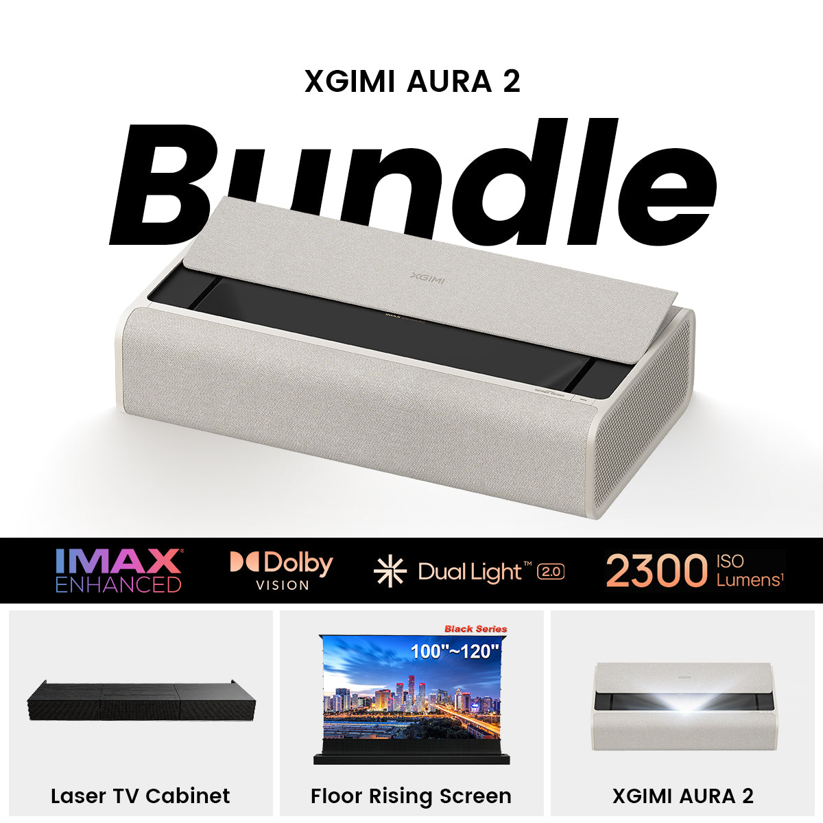 (Paket) XGIMI AURA 2 4K UST laser beamer + Black Series Motorisiert ALR  leinwand + Laser TV lowboard