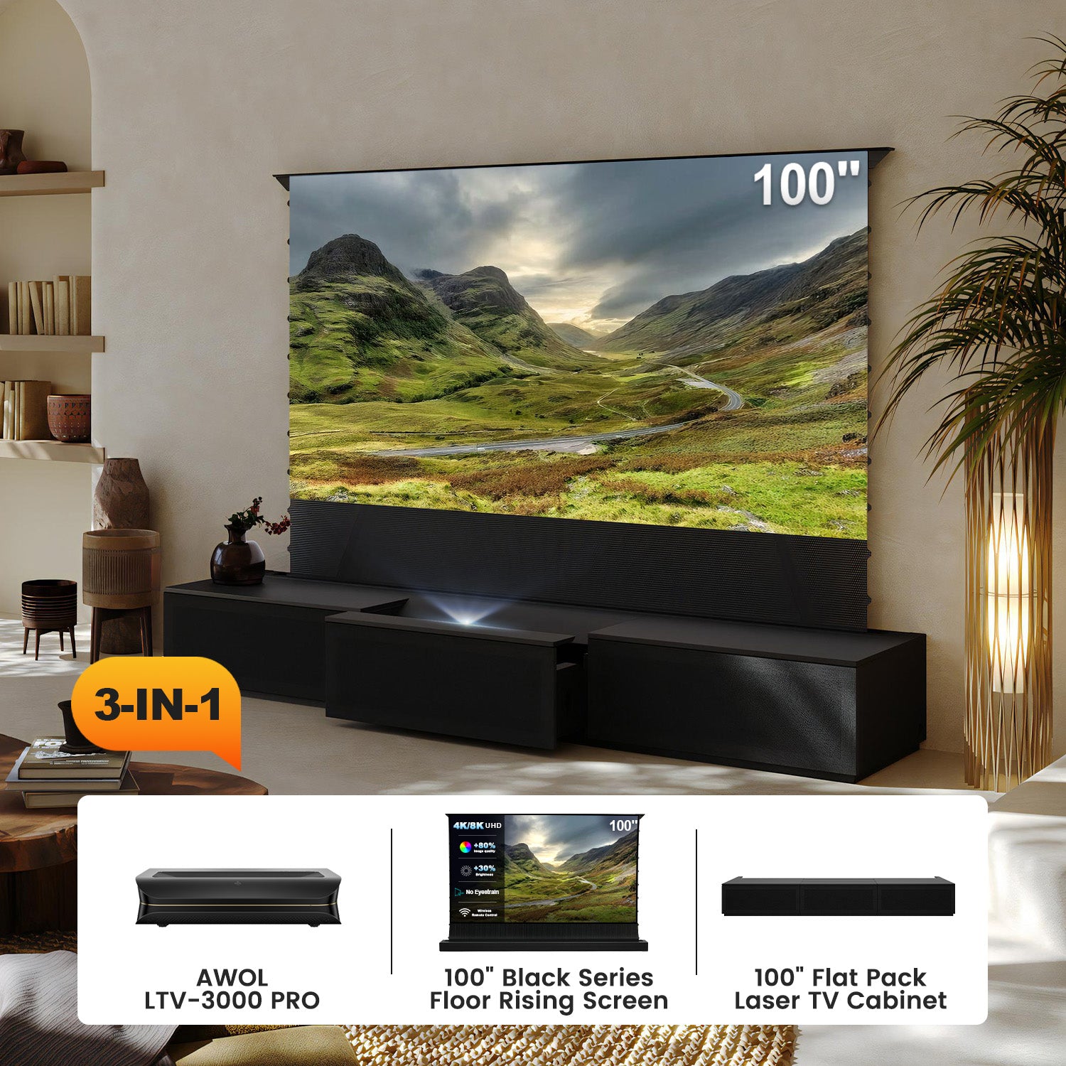 (Bunt) Awol Vision LTV-3000/3500 pro + motoriserad ALR Skärm + laser TV Skåp