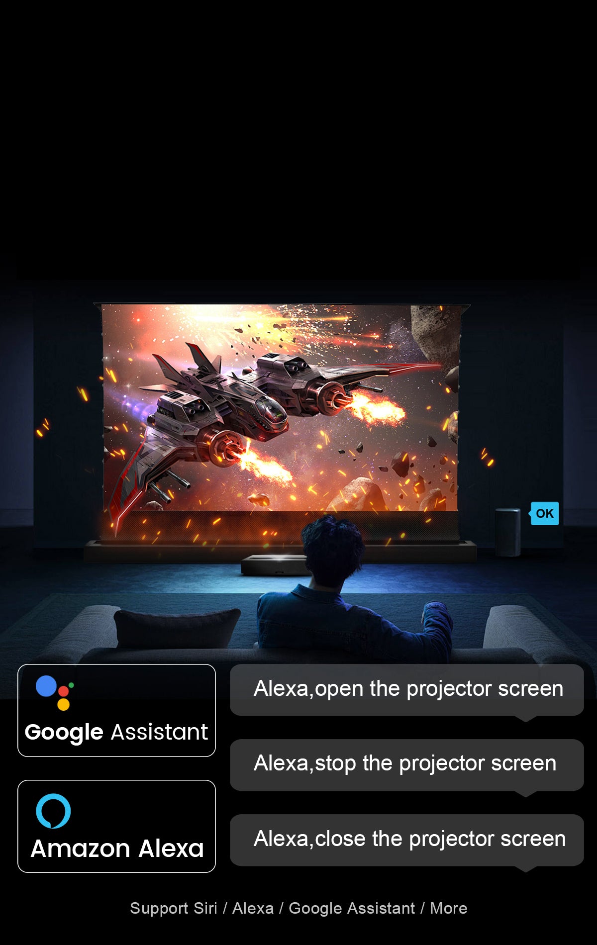 NP Black Series ALR Floor-Rising Screen with Siri Alexa Google voice control and Tuya app integration for hands-free home theater use