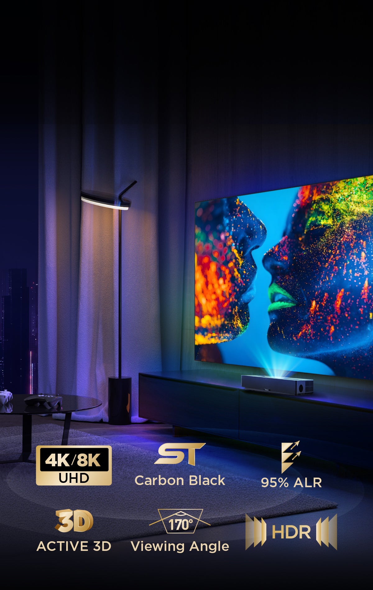 Black Series ALR screen with 95% light rejection, 4K/8K HDR support, Active 3D, and 170° viewing angle for bright-room home theaters