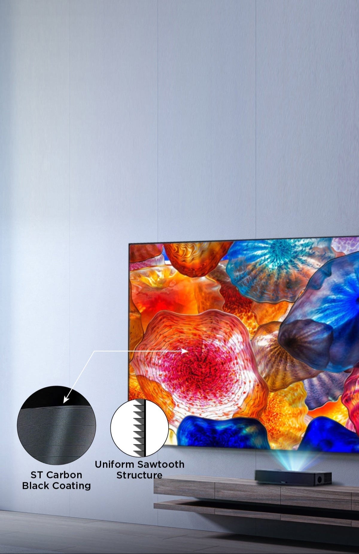 ALR screen technology with venetian-like layers reflects light upward while absorbing ambient light, ensuring vivid colors in bright rooms through Uniform Sawtooth structure and ST Carbon Black coating