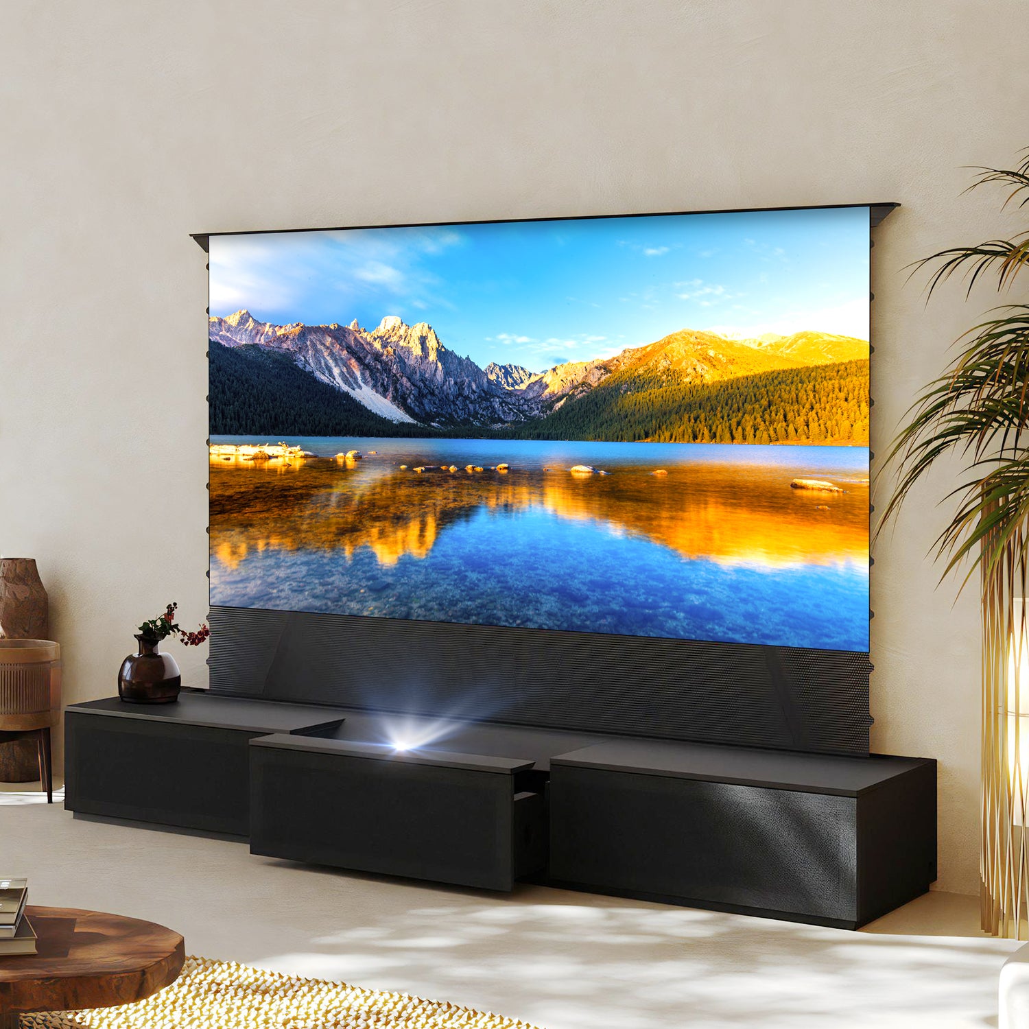 Shore Black flat-pack motorized laser TV cabinet DIY kit setup with 120 inch floor rising screen for home cinema