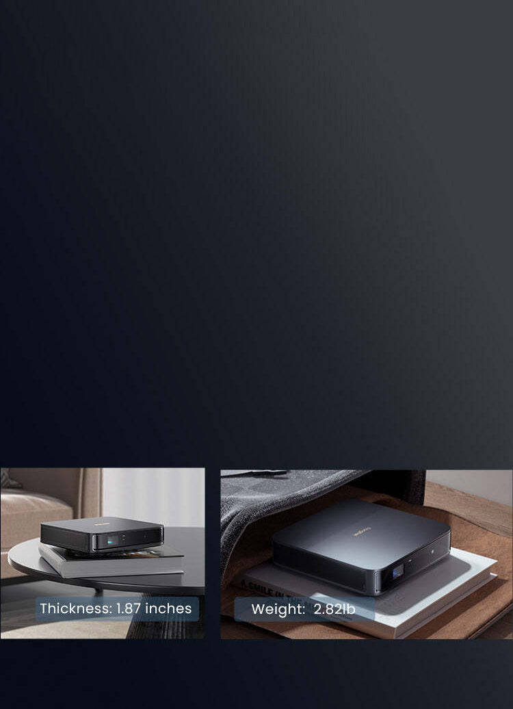 The Atom projector demonstrating ultra-thin and compact design, fitting easily into a bag or backpack for portable immersive entertainment, with dimensions and weight specified