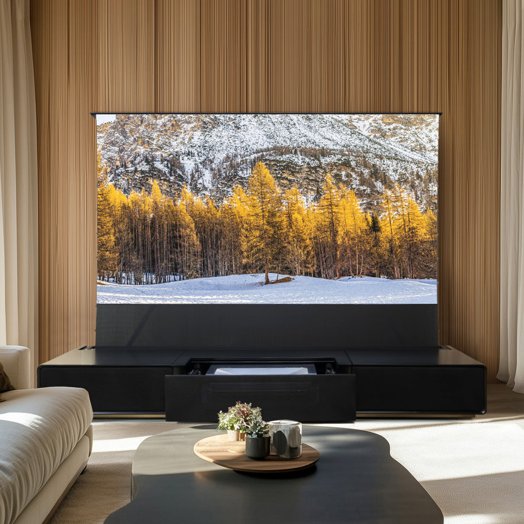 Shore UST Projector Matte Cabinet + Black Series Motorized Floor Rising Screen Bundle (Pre-Assembled)
