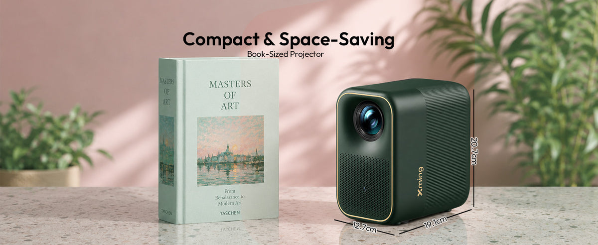 Compact, book-sized Xming Page One projector measuring 20.7 x 19.5 x 12.7 cm