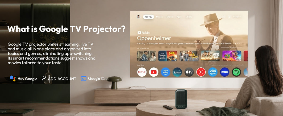 Google TV interface on the Xming Page One projector with movies, shows and apps organised for you