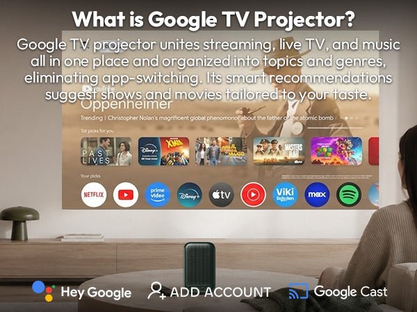 Google TV interface on the Xming Page One projector with movies, shows and apps organised for you