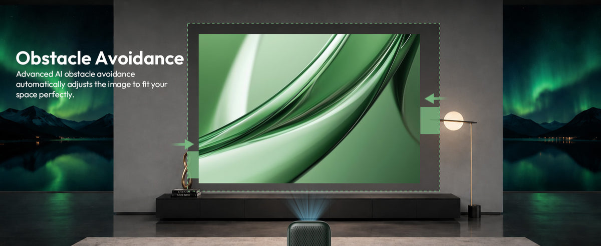 Advanced AI obstacle avoidance automatically fits the image to your space on the Xming Page One
