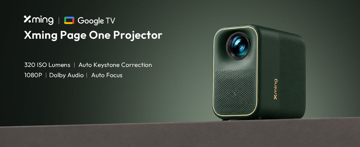 Xming Page One Google TV projector overview: 320 ISO lumens, 1080P FHD, Dolby Audio, auto keystone and auto focus